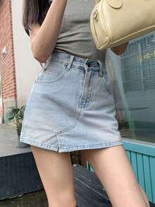 Váy ngắn chữ A bằng vải denim có lớp lót chống phản quang - Màu xanh nhạt - Xem 4