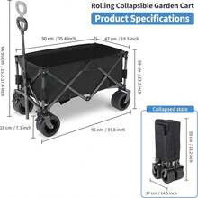 Collapsible Wagon Carts Foldable, Garden Cart With 360° All-Terrain Wheels, Adjustable Handle, 220lbs Weight Capacity, 113L, Utility Wagons For Outdoor, Heavy Duty Wagon Cart - 黑色 - 查看 8