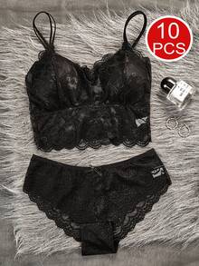 10 Pieces Of Mixed Color Women's Lace Floral Panties Lace Trim Splicing Comfortable And Breathable Women's Panties Daily Versatile Size S-L Optional Wear All Year Round 95% Cotton - 混色10件裝 - 查看 5