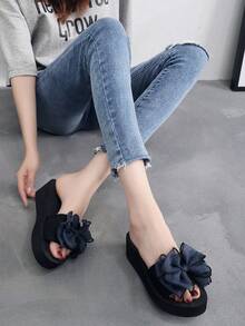 Women's Solid Color Sandals, Bowknot Decor Slip On Platform Beach Slides, Non-Slip Vacation Wedge Slides - Blue - View 2