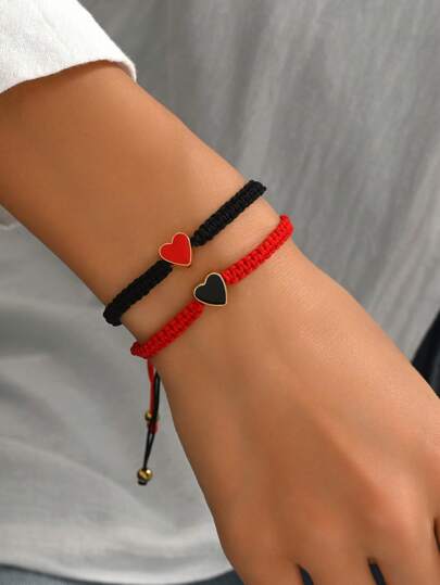 2pcs Fashion Oil Drop Heart Weaved Friendship Bracelets, Suitable For Friends, Couples Gift