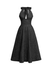 Unadoll Women's Winter Sexy Bareback Hanging Neck Collar Strap 3D Jacquard Fabric Elegant Dress, Suitable For Dinner, Date, School Start, Cocktail Party, Wedding Event, Christmas, Thanksgiving