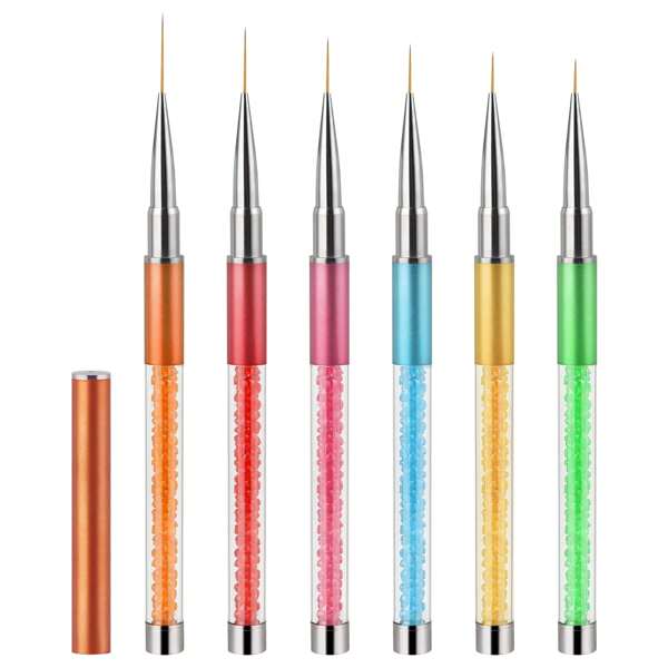 6Pcs/Set Nail Liner Brush Set Metal And Rhinestone Acrylic Handle Nail Art Striping Brush Nail Design Brushes For Long Lines Tiny Details Fine Drawing Nail Brushes For Nail Art