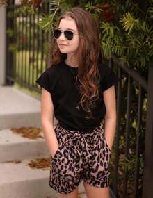 Girls 2 Piece Summer Outfit Drop Shoulder Batwing Sleeve Top & Paperbag Waist Shorts Set 6-14 - Black+Leopard - View 6