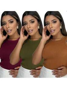Kit 3 Women's Ribbed Tank Tops Basic Blouse Casual T-Shirt Sleeveless Blouse - Brown//Wine - View 1