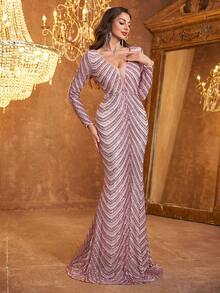 Long Sleeved V Neck Mermaid Hem Sequin Formal Dress - Pink - View 7