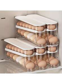 Soporte automático de doble capa para huevos, mantiene los huevos frescos, contenedor deslizante que sostiene de 12 a 14 huevos - Diseño con bisagras, material plástico, sin contacto con alimentos - Organizador de refrigerador, bandeja de huevos de cocina