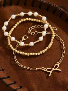 3pcs/Set Elegant Butterfly Pearl Decor Multi-Layer Bracelet Set, Women Party Date Daily Accessory Gift