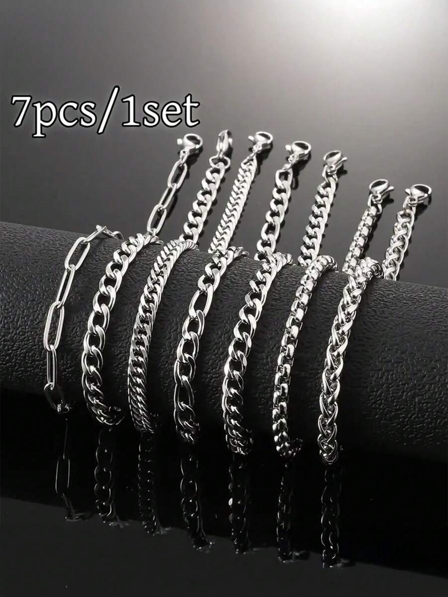 7pcs/Set Men's Stainless Steel Simple Fashionable Chain Bracelets, Suitable For Daily Wear - Silver - View 1