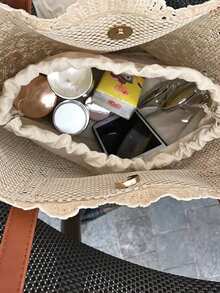 优雅的花卉蕾丝手提包和小号抽绳化妆包，旅行沙滩包，可爱的钱包，别致的单肩和腕部手提包，带磁扣，复杂的编织设计，可折叠设计，涤纶，非常适合购物、旅行、海滩和日常工作、通勤、购物