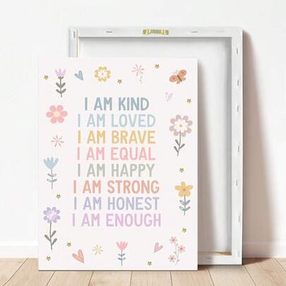 1pc Inspirational Watercolor Quote Framed Canvas Wall Art, Suitable For Children's Room, Boho Style Nursery Decor, Positive Affirmation Quote, Wall Hanging Decoration, "I Am Kind, I Am Loved, I Am Brave", Motivational Print, Easy To Hang