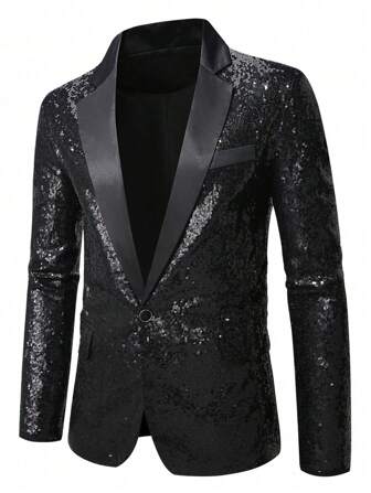 Plusstorlek herrkavaj med paljettmönster, nattklubbsstil, glansig scenuppträdande