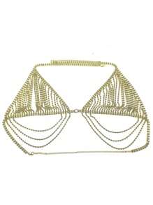 Ensemble de soutien-gorge, string et chaîne de corps avec strass dorés et franges