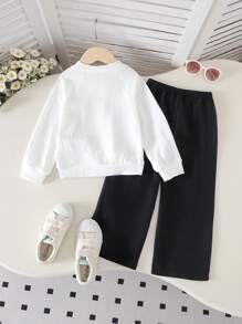 2 件套女童休闲可爱 3D 花卉上衣和裤子套装，春秋 - 白色 - 查看 2