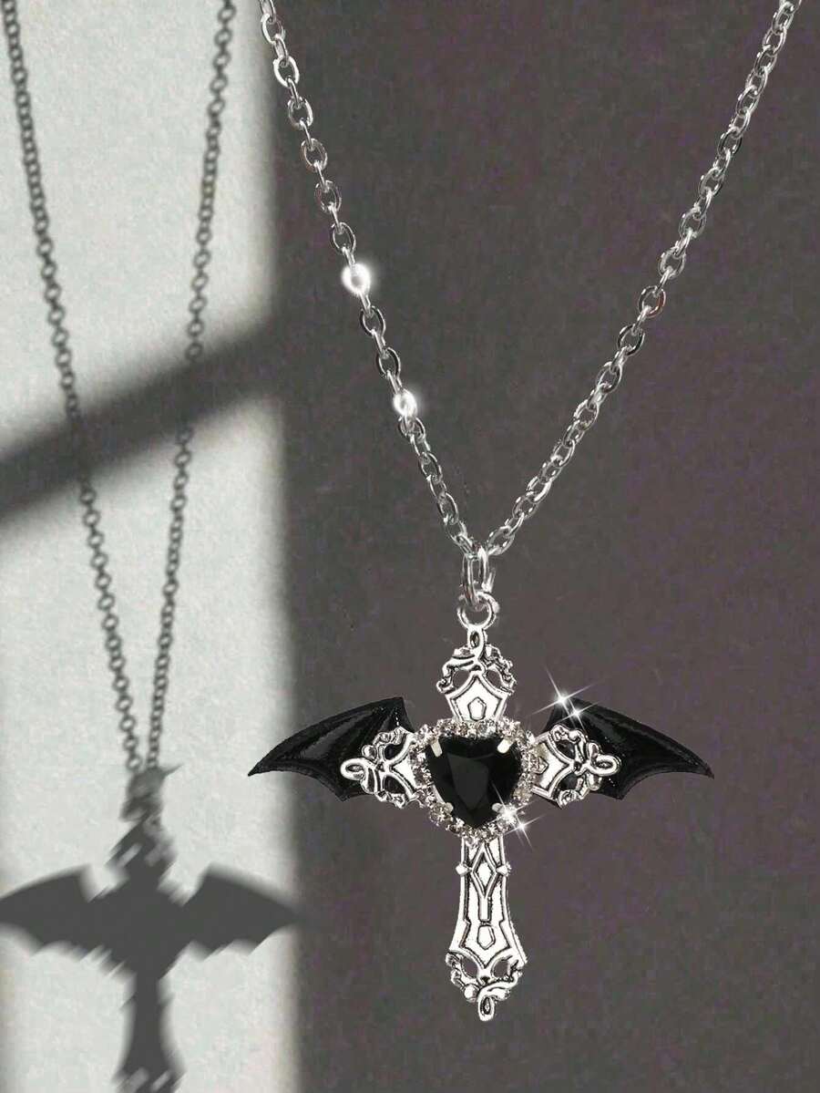 深色复古哥特 Y2K 天使之翼水钻十字架项链，男女通用 - 銀色 - 查看 1
