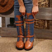 Women's Fashion Round Toe Thick Sole Side Zipper Mid-Calf Boots, New Casual Outdoor Ladies Shoes - Denim Blue - View 6