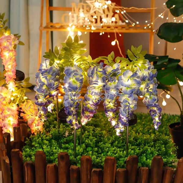 Luces solares de jardín de flores de glicina para exteriores - Luz solar para patio exterior adecuada para jardín, césped, cantero de flores, patio, entrada y decoración de caminos - Lámpara decorativa de paja