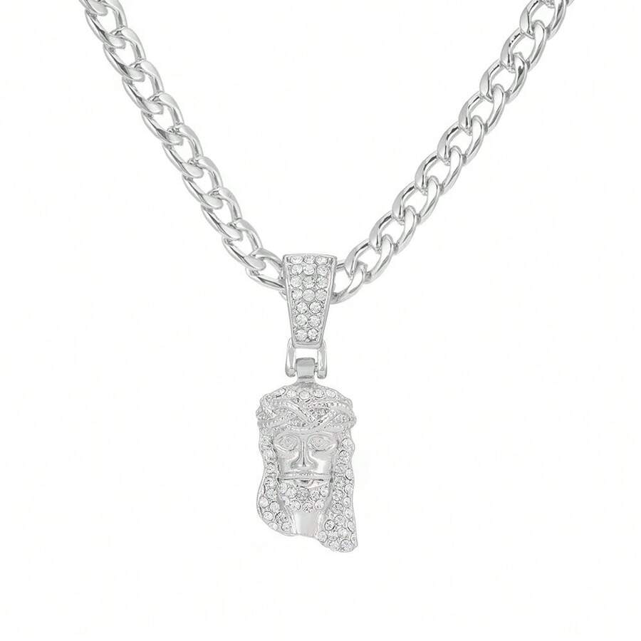 Colgante de cara de cabeza de pieza de Jesucristo para hombres, collar con dije de cristal brillante helado con cadena, joyería de Hip Hop - Cadena de cuerda de plata - Ver 1