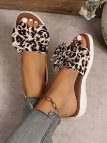 Damen Sandalen mit dicker Sohle, Schleife und Leoprint, bequeme Plateau-Keilpantoffeln, für Sommer und Herbst