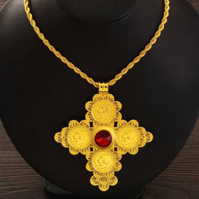 Dubai Abyssinian Classic Cross Pendant Necklace, Elegant Jewelry For Women, Golden Color Party Accessories, African Saudi Arabia Bride Wedding Gift