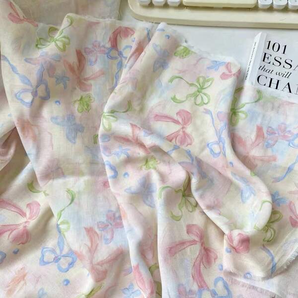 0.5m/1m*145cm Macaron Romantic Colorful Bow Print Fabric, Lightweight & Breathable, Suitable For Making Clothing, Cheongsam, Scarf, Hair Accessories, Versatile Scarf Fabric, All Season