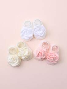 3 Pairs Baby Girls' Adorable Floral Decor Solid Color Soft Rubber Dots Liner Socks, Suitable For Summer Vacation Wear