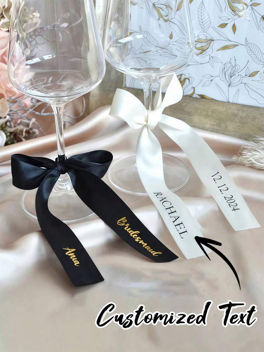 2/5/10Pcs Custom Bow Ribbon, Customized With 2 Pieces Of Text, Personalized Wine Glass Ribbon, Can Be Used As A Wedding Label For Champagne And Wine Glass Decoration, Gift Packaging Decoration Ribbon, Multiple Colors To Choose From, Suitable For Weddings, Birthdays, Eid Al Adha, Mother'S Day Gifts, Party Gifts, Tie Flowers - Multicolor - View 1
