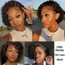 VIOLLY 女士短款精灵短卷发波浪假发 - 13x1 蕾丝前部真人发丝 150% 密度自然黑色百搭款式适合所有种族蓬松短假发女士时尚假发 - 自然色&黑色系 - 查看 7