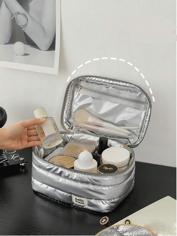 1 Peça Bolsa de Maquiagem Premium Prateada à Prova d'Água, Bolsa de Armazenamento com Zíper de Grande Capacidade Minimalista, Material de Tecido de Memória Brilhante, Forro Resistente à Água Fácil de Limpar, Camada Acolchoada de Toque Macio, Adequada para Lazer, Férias e Viagens de Mulheres
