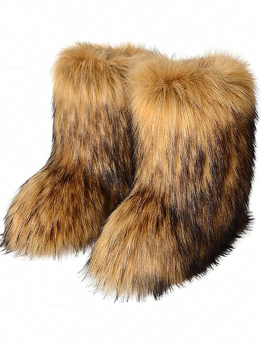 Winter Flat Heel High Top Boots With Thickened Furry Lining, Round Toe Mid-Calf Snow Boots With Deep Mouth Design For Keeping Warm