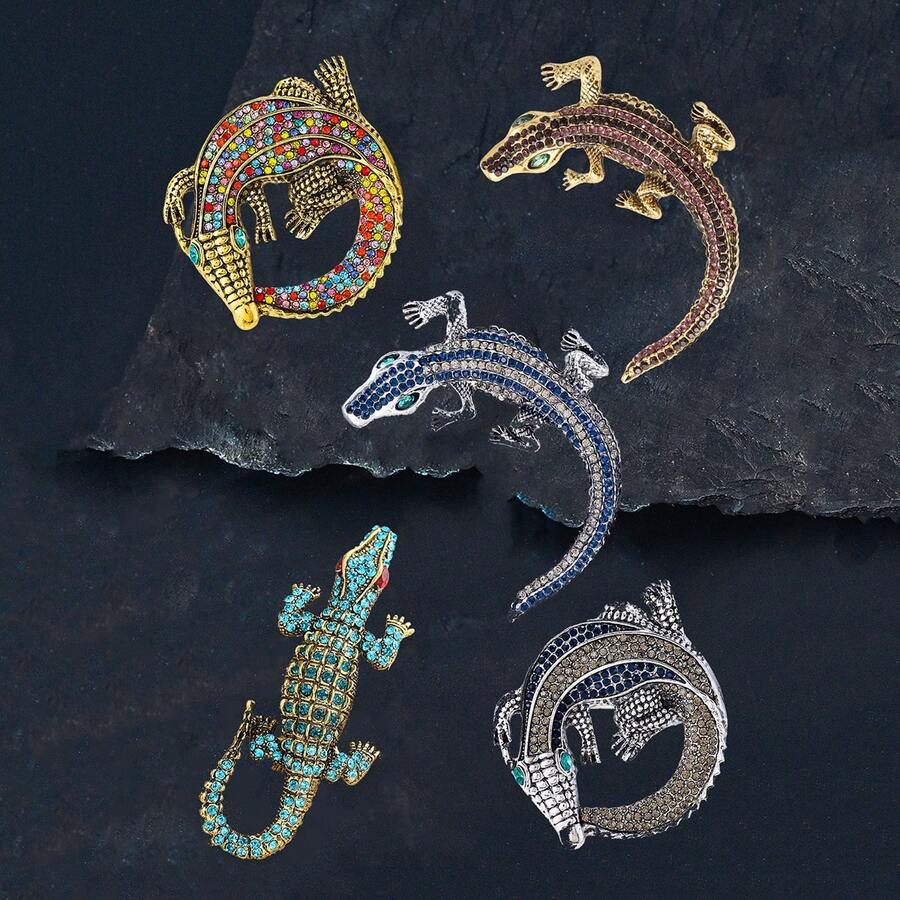1pc Vintage Exaggerated Crocodile Animal Shaped Brooch, Zinc Alloy Rhinestone Inlaid Clothing Suit Jacket Pin, Suitable For Banquet, Party Wear, Holiday Gift - Crocodile - View 1