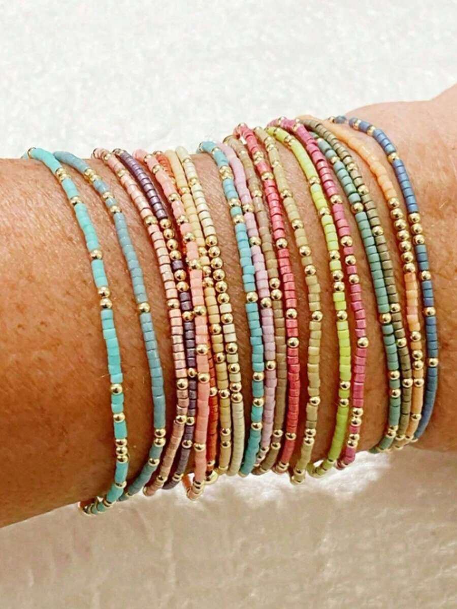 19pcs Colorful Glass Bead Stretch Bracelets, Boho Style Handmade Beaded Bracelets For Women (CCB Seed Beads, Random Color) - 彩色 - 查看 1
