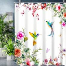 1pc Hummingbird And Flowers Shower Curtain Featuring Colorful Hummingbirds And Hibiscus Flowers In A Nature-Inspired Watercolor Design Bathroom Decor Polyester Fabric With 12 Hooks