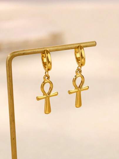 1Pair Egyptian Ankh Cross Hoop Earrings For Women Men Gold Plated Stainless Steel Key Of Life Earrings Egypt Lucky Amulet Jewelry