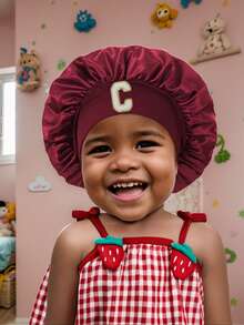 1顶幼儿/儿童26字母光滑缎面睡帽，时尚舒适，透气防滑，日常护发帽 - 酒紅色 - 查看 5