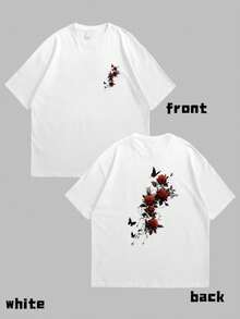 Black T-Shirt With Red Rose Floral Print - Casual Daily Wear For Men And Women - 白色 - 查看 1