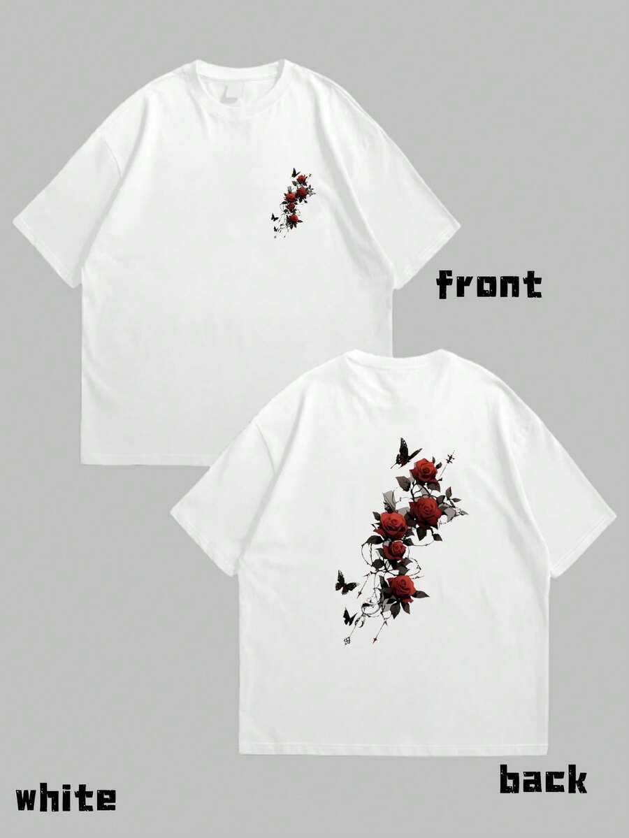 Black T-Shirt With Red Rose Floral Print - Casual Daily Wear For Men And Women - 白色 - 查看 1