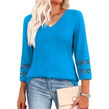 XIEERDUO 3/4 Length Sleeve Womens Tops Dressy Casual Blouses For Women 2025  V Neck T Shirts Summer Clothes - Sky Blue - 查看 1