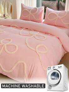 2/3pcs Pink Bow Pattern Tufted Polyester Duvet Cover Set, Chic Modern Luxury Bedding Set For All Seasons, Soft& Breathable (1 Duvet Cover+ 1/2 Pillow Shams, No Filler), Kids Teens Girls Bedding Set, Kids Gift