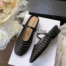 Sheepskin Version Of The Same Style Slippers For Women, Hollow One-Word Thick Heel Mules, Semi-Slip Retro Woven Empty Single Shoes