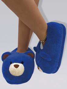 女士居家柔软防滑轻便蓝色刺绣全包熊拖鞋
