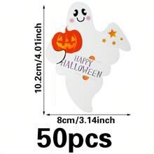 50pcs Halloween Candy Decoration Paper Labels, Ghost Pumpkin Lollipop Biscuit Clip Cards, Trick Or Treat Halloween Party Home DIY Decoration Items, White