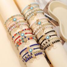 Multiple-Piece Bohemian Creative Devil Eye, Palm & Heart Beaded Multilayer Stretch Bracelet Set
