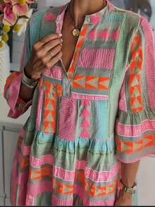 Women's Bohemian Tropical Printed One Shoulder Stand Up Collar Dress - Three Sleeve A-Line Medium Long Fluffy Sleeve And Ruffle Neck, Geometric Pattern Design, Suitable For Casual To Semi Formal Occasions, Fashionable And Exquisite Dressing - 彩色 - 查看 1