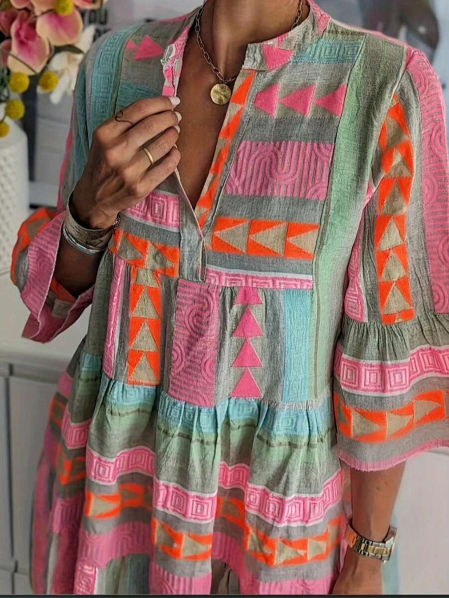 Women's Bohemian Tropical Printed One Shoulder Stand Up Collar Dress - Three Sleeve A-Line Medium Long Fluffy Sleeve And Ruffle Neck, Geometric Pattern Design, Suitable For Casual To Semi Formal Occasions, Fashionable And Exquisite Dressing - 彩色 - 查看 1