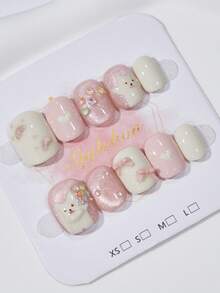 10片装可爱粉白猫咪气球、爪印、心形美甲贴纸，适合日常约会。短方形可爱温柔猫眼假指甲，适合作为送给女性和女孩的礼物。美甲用品 - 粉色 - 查看 3