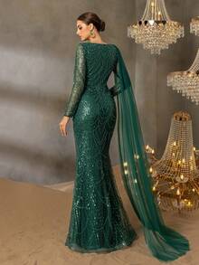 Faeriesty 优雅长袖串珠晚礼服，女士款——薄纱垂褶袖，亮片点缀的美人鱼廓形，修身喇叭裙摆，适合奢华婚礼、红毯盛典、正式晚宴及春假派对等场合。 - 墨綠色 - 查看 3