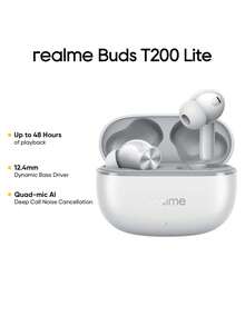 Realme Earbuds T200 Lite, True Wireless In-Ear Headphones, 12.4 Mm Dynamic Driver TWS Buds, Battery Life Up To 48 Hours, 45 Mm Latency, 2 ENC, Bluetooth 5.4, Type-C - Grey - View 1