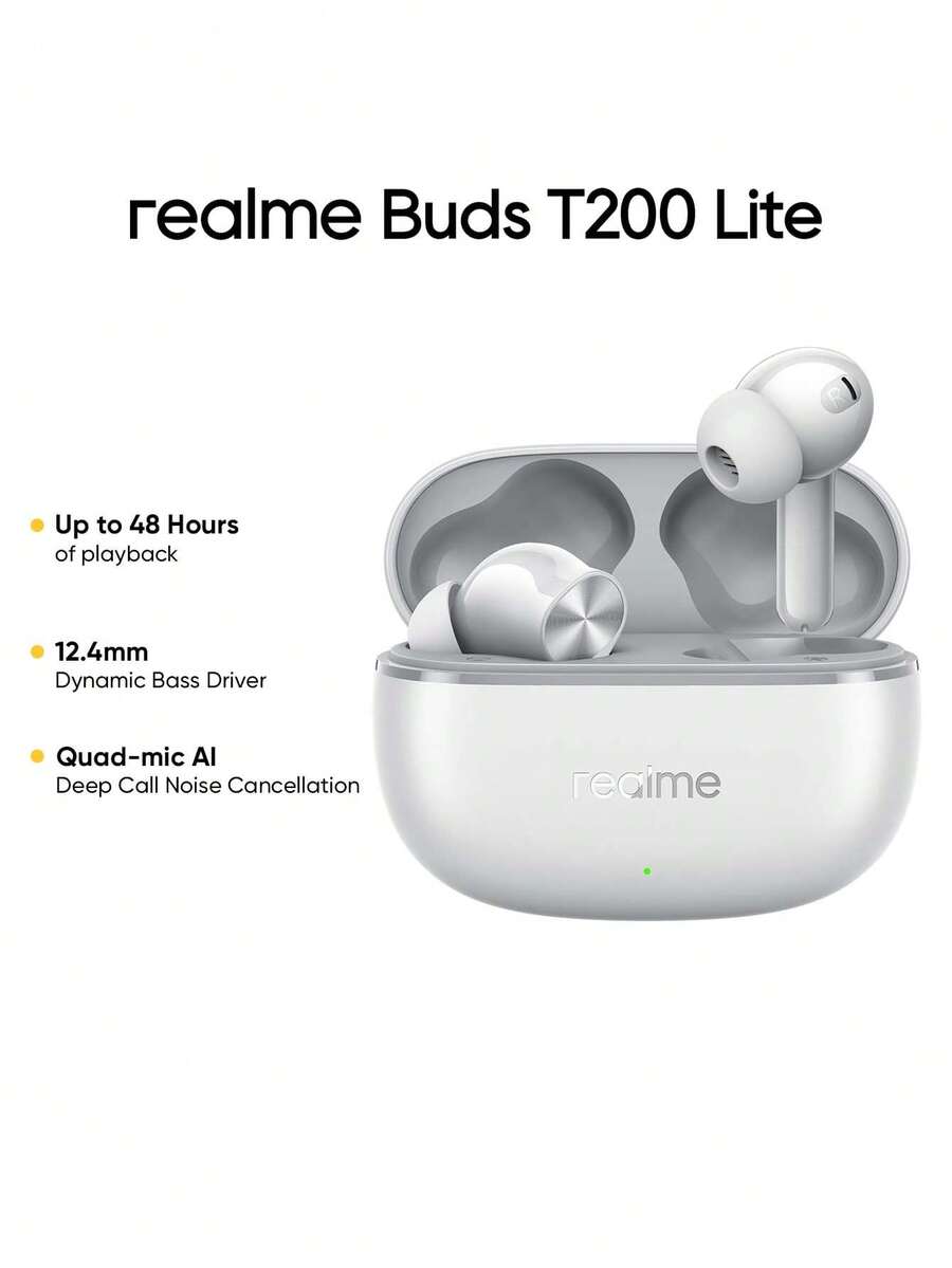 Realme Earbuds T200 Lite, True Wireless In-Ear Headphones, 12.4 Mm Dynamic Driver TWS Buds, Battery Life Up To 48 Hours, 45 Mm Latency, 2 ENC, Bluetooth 5.4, Type-C - Grey - View 1