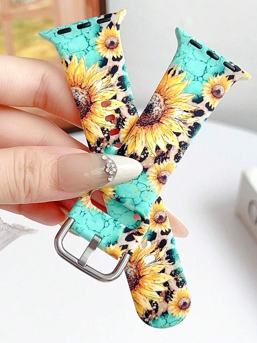 1pc Sunflower Pattern Leopard Print Silicone Watch Strap Is Suitable For 38/40/41/42/44/45/46/49mm, Compatible With Apple Watch Ultra2/S10/SE/9/8/7/6/5/4/3/2/1, Women Watchbands,Fine Women Fashion Watch Accessories, Comfortable And Soft Replaceable Women's Wristband ,Valentine's Day/Mother's Day/Daily/Holiday Gift